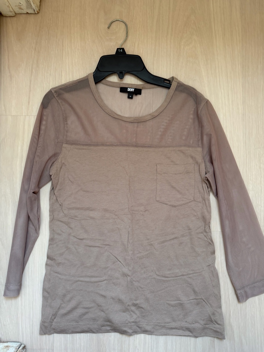 DKNY Women’s Long Sleeve Crew Neck Tee in Taupe with Sheer detailing